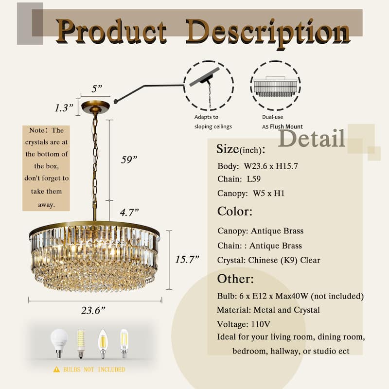 CraftHome 5 Lights 24" Modern Glam Gold Round Crystal Chandelier