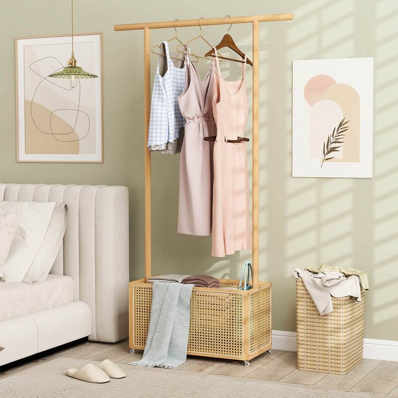 Costway Bamboo Clothes Rack with Rattan Storage Basket & Wheels, - See Details