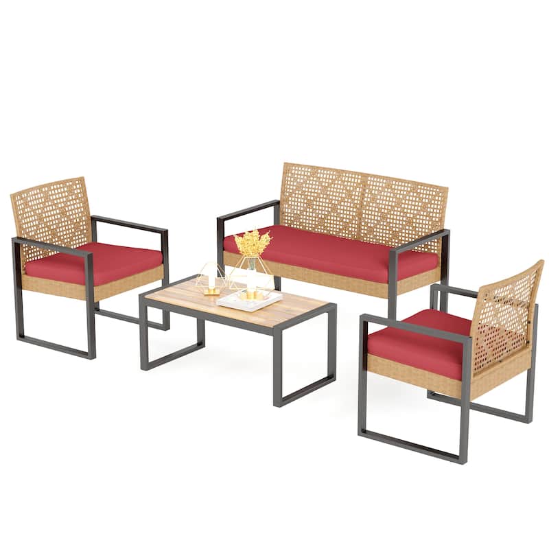 4-Piece Patio Furniture Wicker Outdoor Bistro Set, All-Weather Rattan Wood Conversation Set with Soft Cushions by Havenside Home