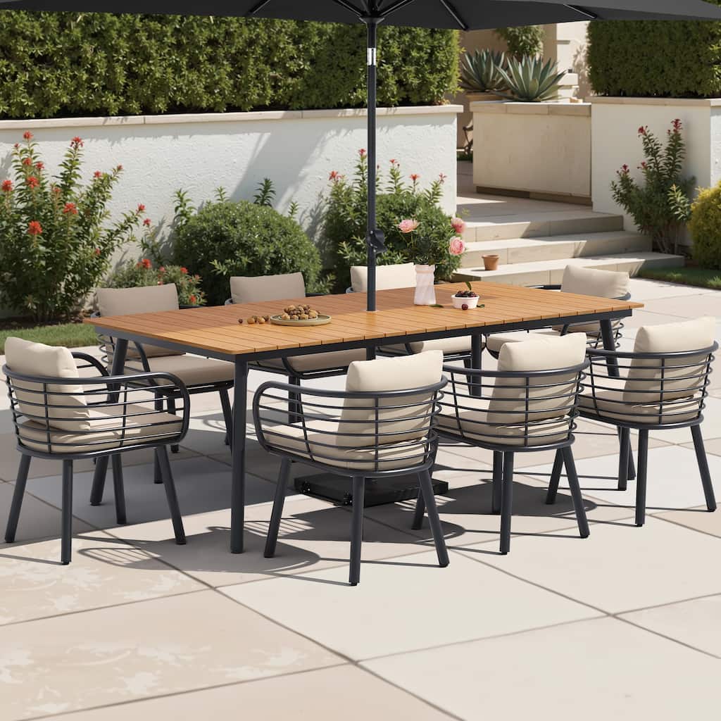 7/9-Piece Set Outdoor Aluminum Dining Table with Umbrella Hole and Cushioned Dining Chairs