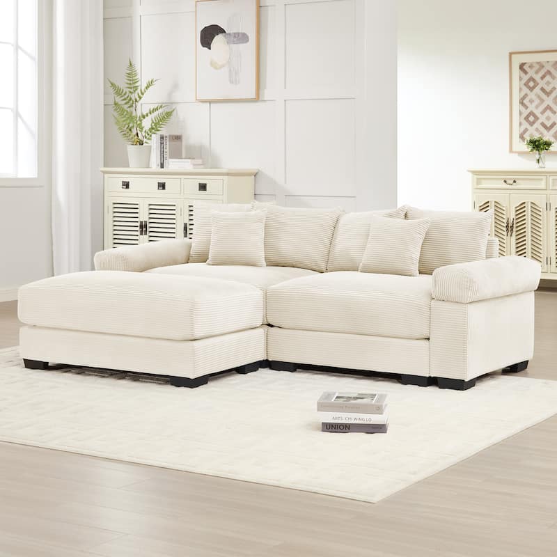 Roomfitters 82.6"/92" Modular L-Shape Sectional, Corduroy Cloud Couch with Ottoman & 6 Pillows - Cream