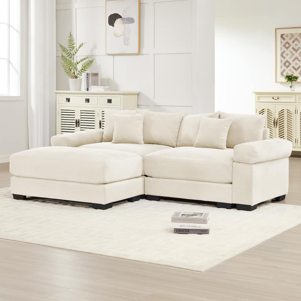 Roomfitters 82.6"/92" Modular L-Shape Sectional, Corduroy Cloud Couch with Ottoman & 6 Pillows