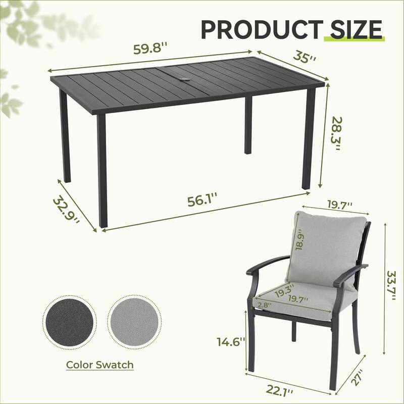 IvyGlow 7-Piece Black Metal Patio Dining Set with Rectangular Table and Gray Cushions