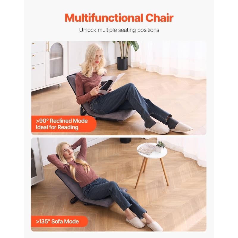 6-Position Adjustable Folding Floor Chair with Suede Fabric Backpack Strap & High Weight Capacity - 18.3" x 20.9" x 20.5"