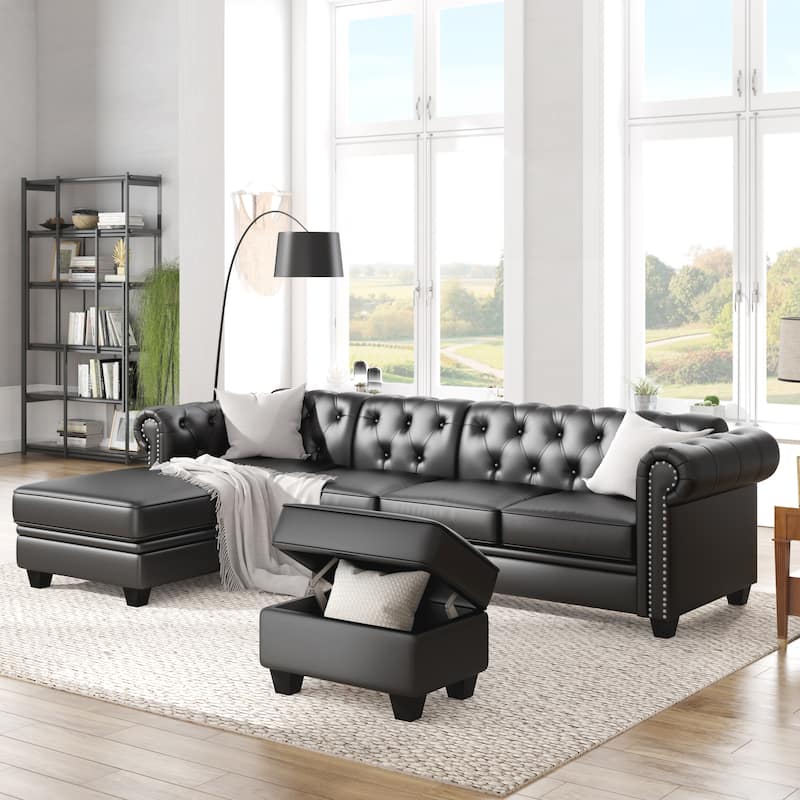 116" Chesterfield Sectional Sofa Set, PU Leather 4-Seat Living Room Set with Storage Ottoman ,Nailheaded