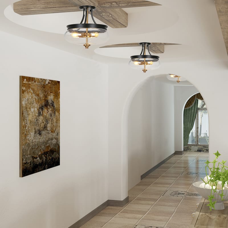 Zenith Modern Transitional Black Gold Semi Flush Mount Lights Drum Seeded Glass Foyer Ceiling Lights - D 14" x H 12.5"