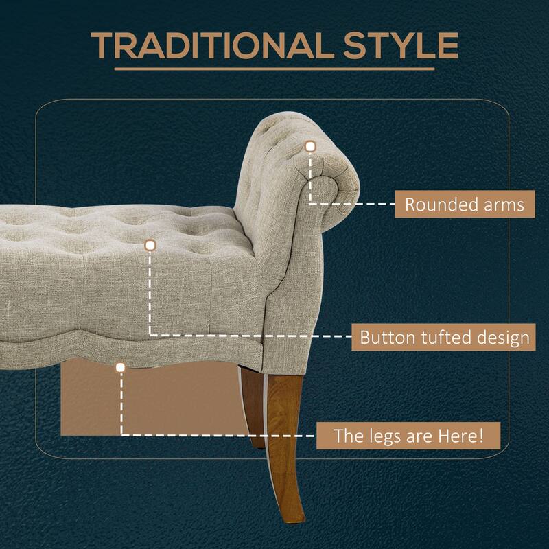Beige and Brown Upholstered Linen Bench with Button Tufting and Foam Cushion for Entryway - 48.75'' W x 16.5'' D x 24.25'' H