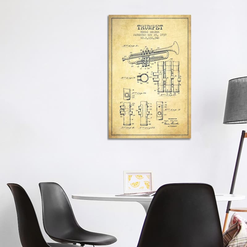 iCanvas "Trumpet Vintage Patent Blueprint" by Aged Pixel Canvas Print - 40x26x1.5