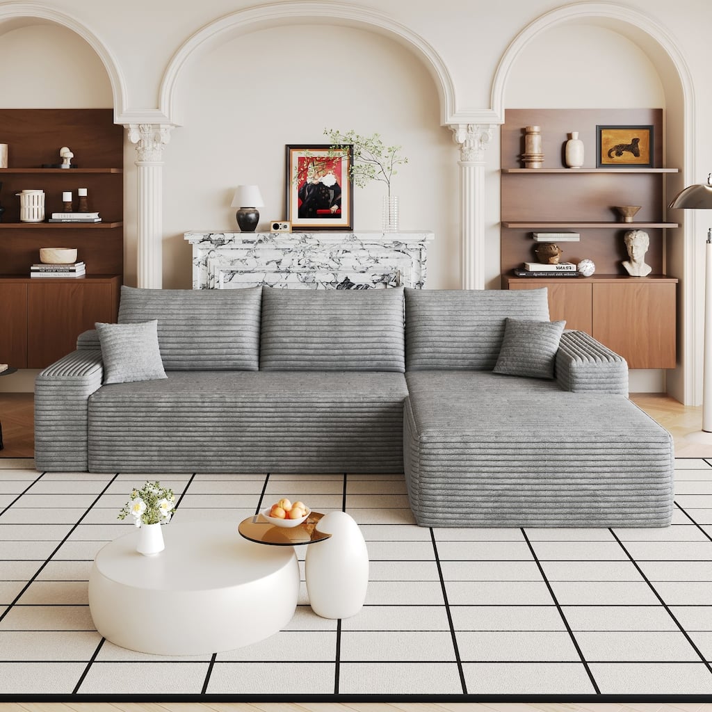 107" L-Shaped Corduroy Sectional Sofa with Chaise and Pillows, No Assembly Required