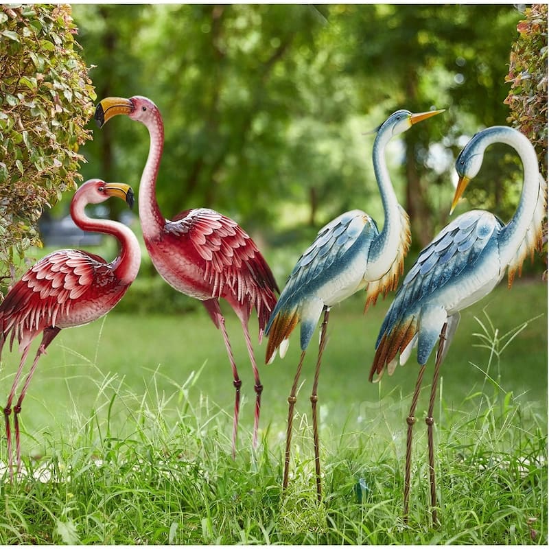 Glitzhome Metal Standing Crane Flamingo Garden Statue with Stakes Yard Art Sculpture Porch Decor - Set of 4 Crane & Flamingo