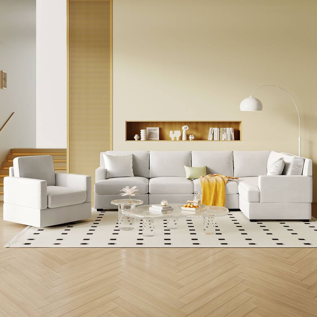 White L-Shaped Sofa Set with Sectional Modular Sofa, Swivel Recliner Chair