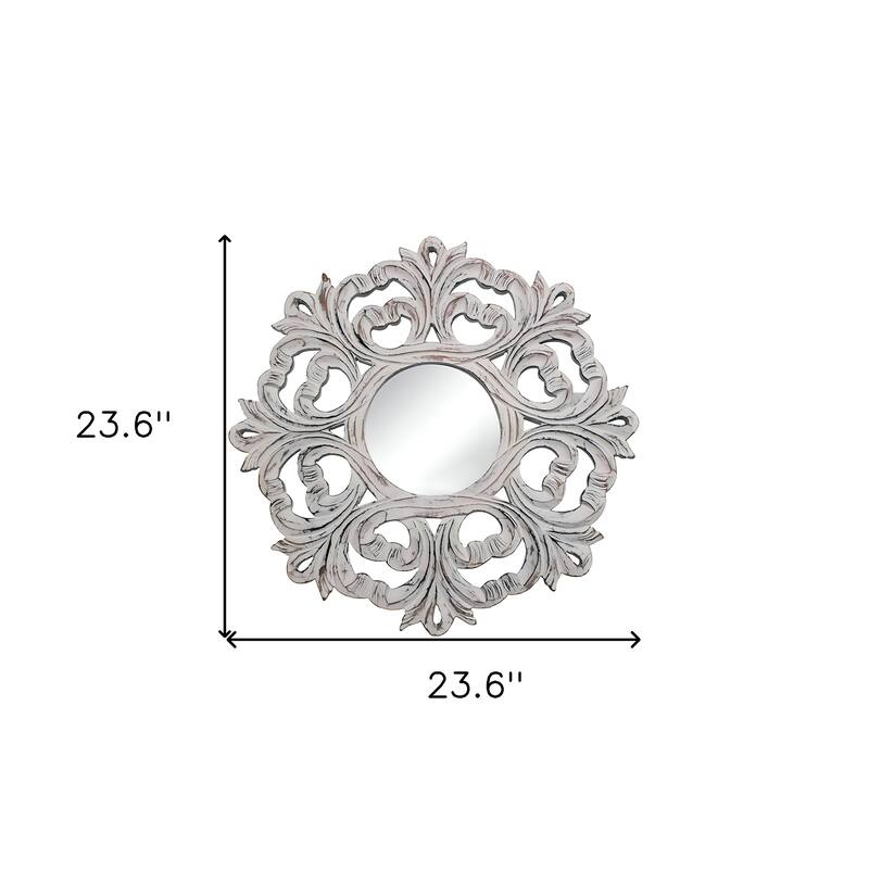 HomeRoots 24" White Floral Scrollwork Distressed Round Framed Accent Mirror - 23.6' X '23.6' X '0.7