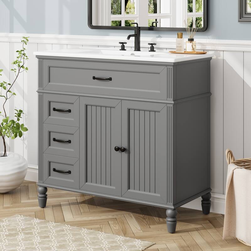 36" Bathroom Vanity with Sink, Bathroom Cabinet with Drawers, Solid Frame and MDF Board - Grey