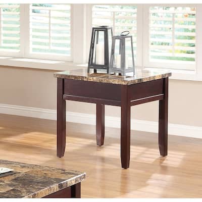 Dark Cherry Finish Wooden Lift Top Cocktail Table with Storage Shelf Faux Marble Top 1pc