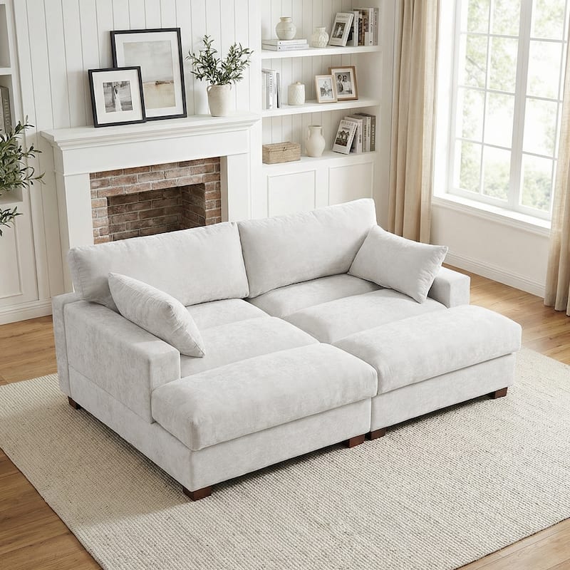 82.5"W Chenille Upholstered Sectional Modular Sofa With Chaise - Off White