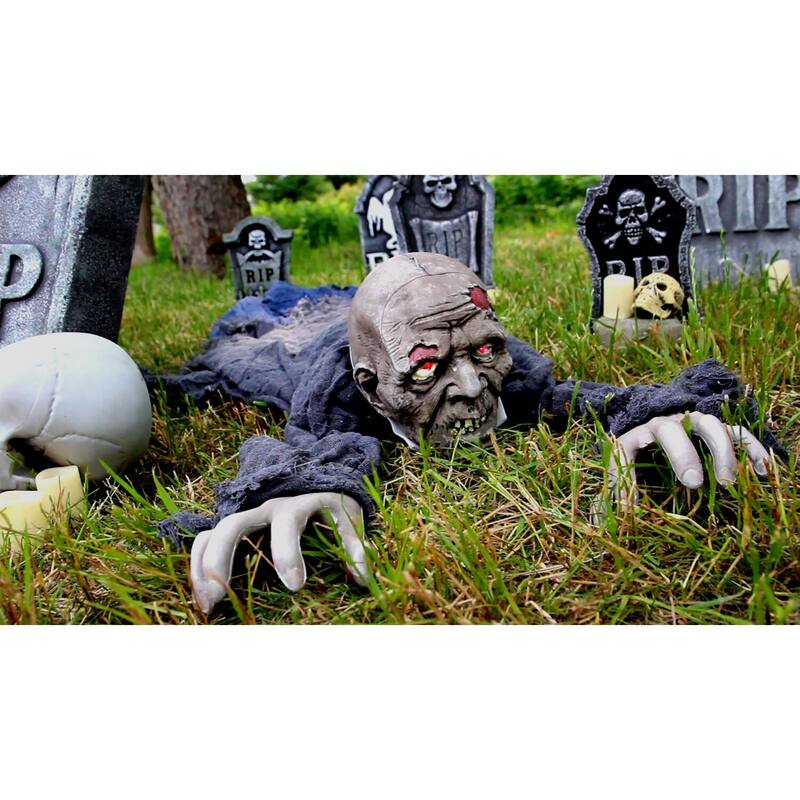 Haunted Hill Farm 62 In. Animatronic Zombie, Indoor/Outdoor Halloween Decoration, Flashing Red Eyes, Poseable, Battery