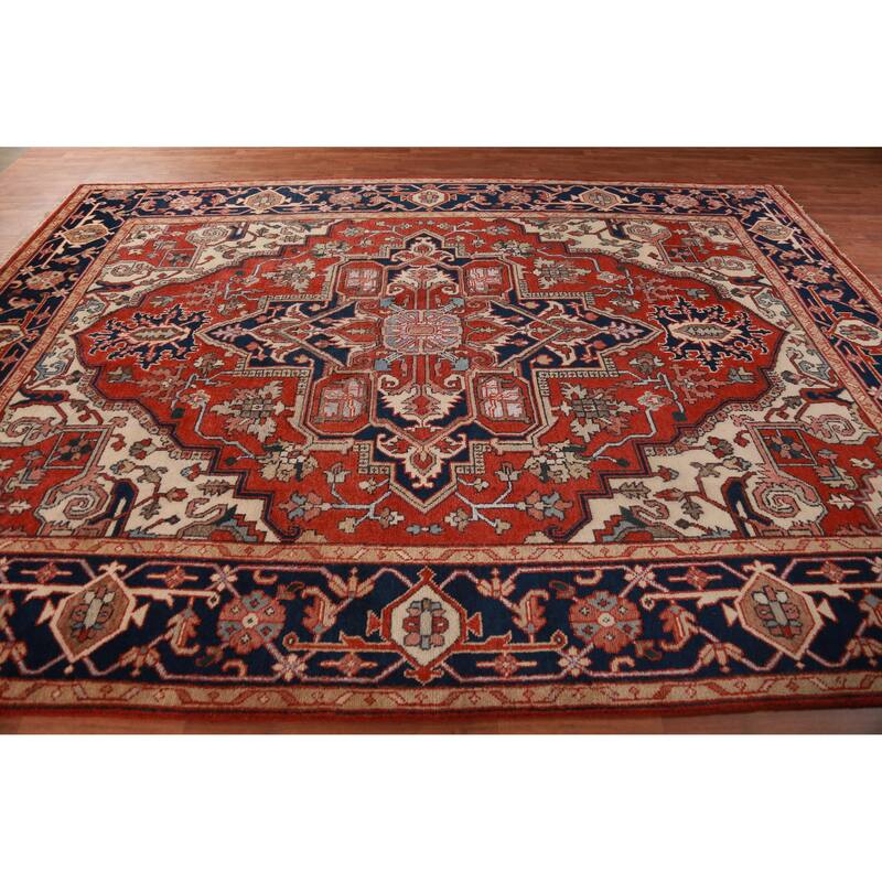 Geometric Red Heriz Serapi Oriental Area Rug Handmade Red Wool Carpet - 8'10" x 12'0"