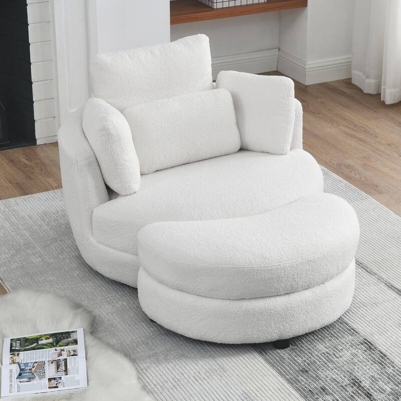 Oversized Teddy Fabric Swivel Barrel Chair with Moon Ottoman & 4 Pillows