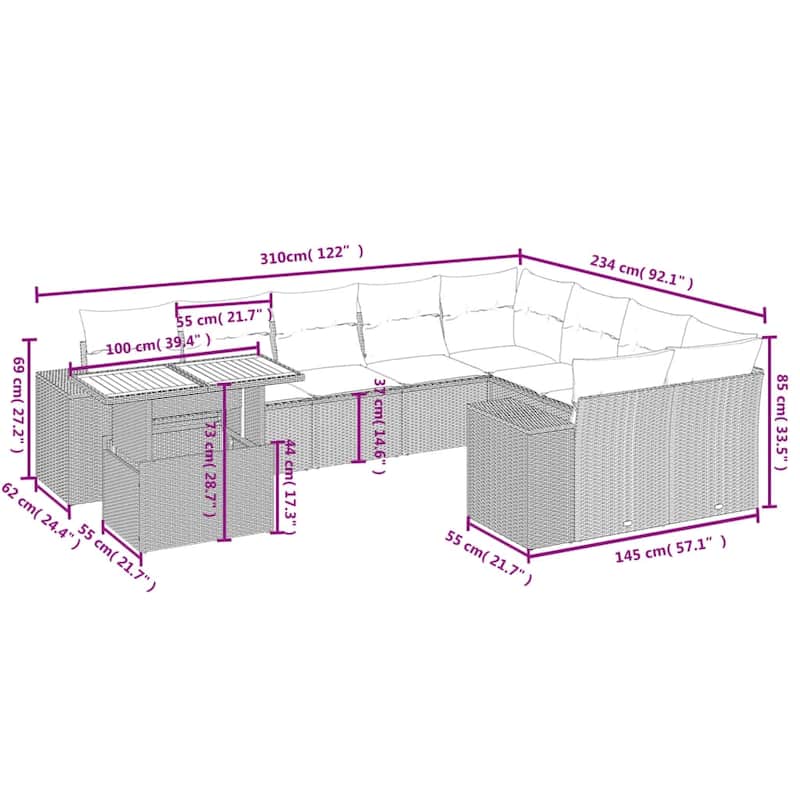 vidaXL Patio Sofa Set with Cushions Outdoor Furniture 10 Piece Poly Rattan - 24.4 x 24.4 x 27.2