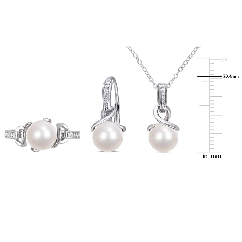 Miadora Cultured Freshwater Pearl 1/6ct TDW Diamond Twisted Jewelry Set Sterling Silver