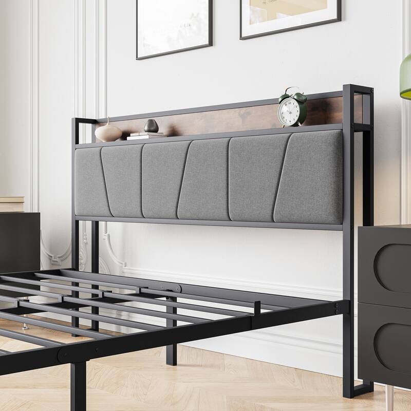 Modern Queen Size Bed Frame with Built-in USB Outlets and Headboard Storage Shelves