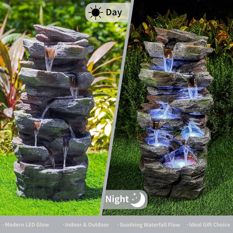 23.6 Inch Rock Waterfall Outdoor Fountain with LED Lights Resin Tiered Cascading Water Feature for Patio Garden Backyard - N/A