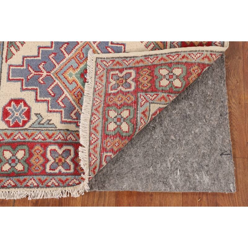 Ivory Geometric Kazak Accent Rug Hand-Knotted Wool Carpet - 2'7" x 4'3"
