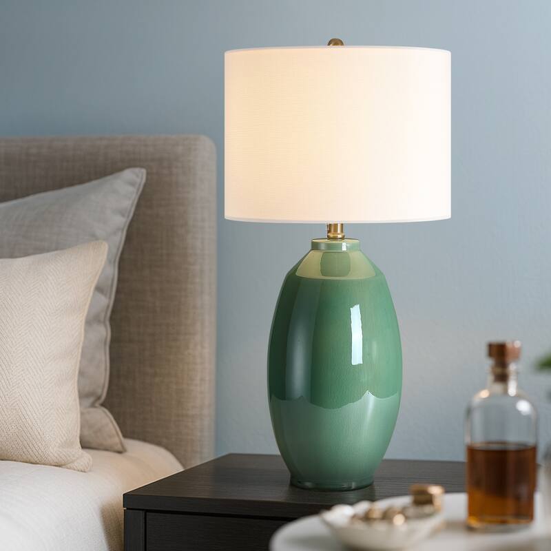 Celadon 3-Way Ceramic Table Lamp with White Drum Shade - 26.5 in. H