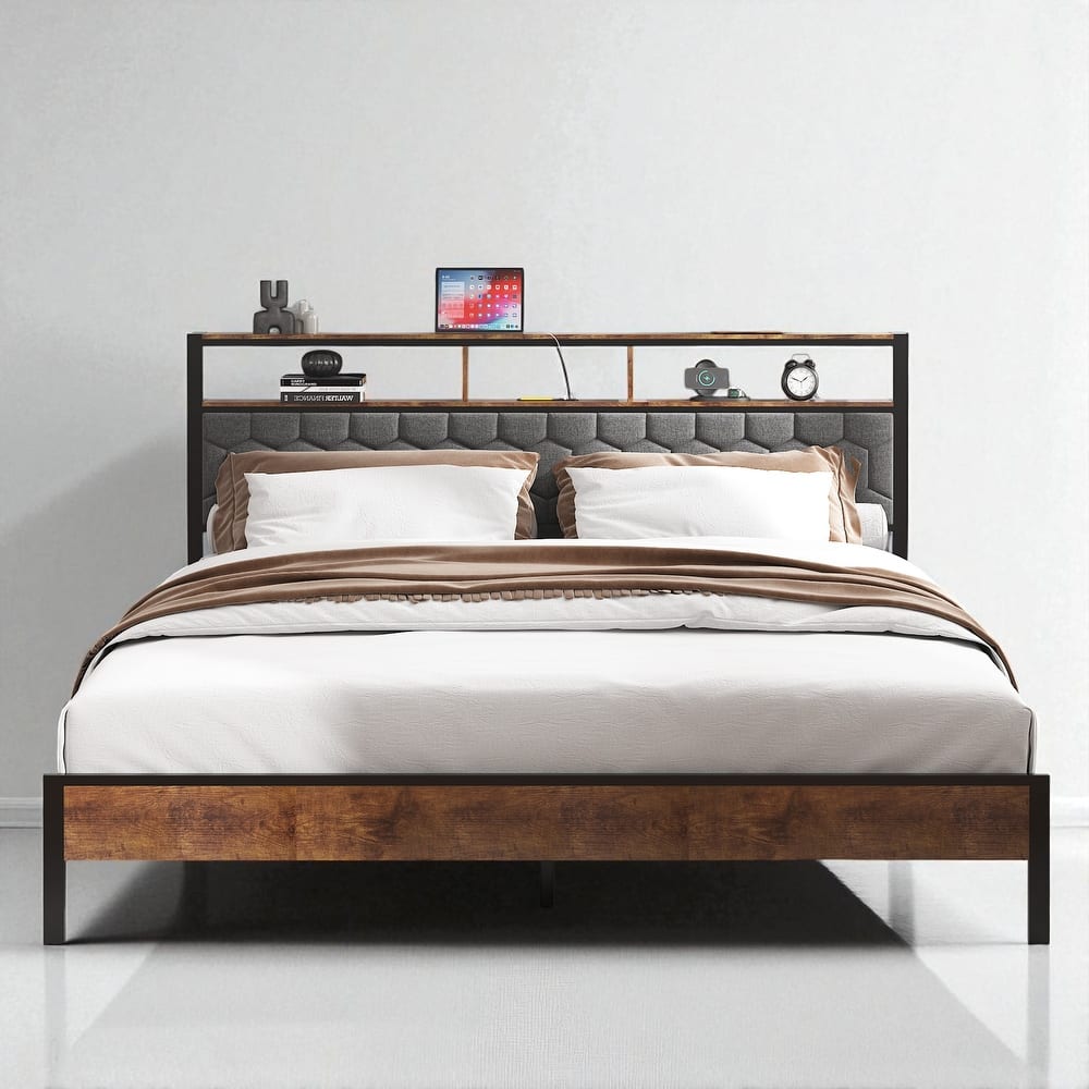 Full/Queen/King Platform Bed Frame with USB Ports, Upholstered Headboard, Storage, No Box Spring Needed