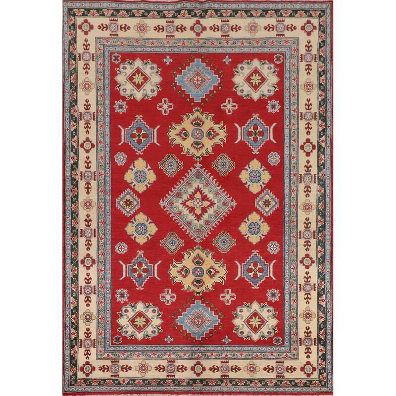 Red Geometric Kazak Oriental Area Rug Dining Room Handmade Wool Carpet - 5'6" x 7'10"