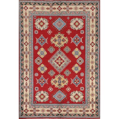 Red Geometric Kazak Oriental Area Rug Dining Room Handmade Wool Carpet - 5'6" x 7'10"
