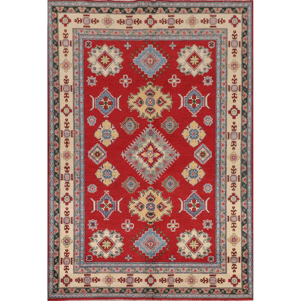Red Geometric Kazak Oriental Area Rug Dining Room Handmade Wool Carpet - 5'6" x 7'10"