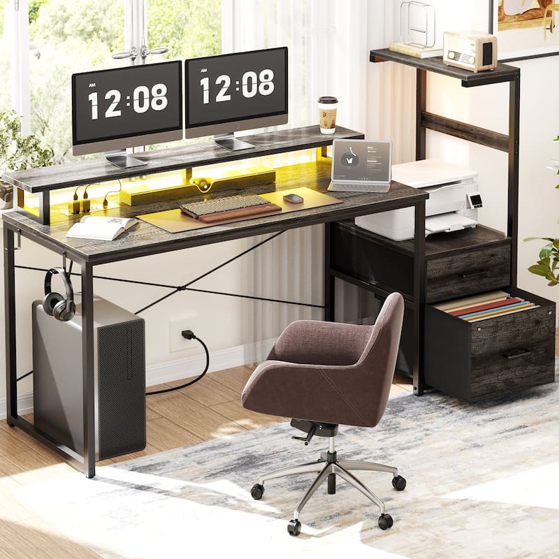 60'' Reversible Gaming Desk with Monitor Stand & Fabric Drawers，Home Office Computer Desk with RGB LED Strip & Power Outlets - Black Oak