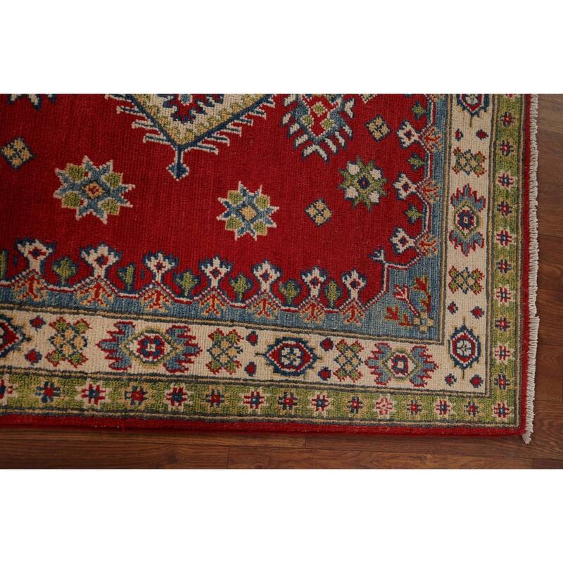 Red Geometric Kazak Accent Rug Hand-Knotted Wool Carpet - 3'5" x 4'10"