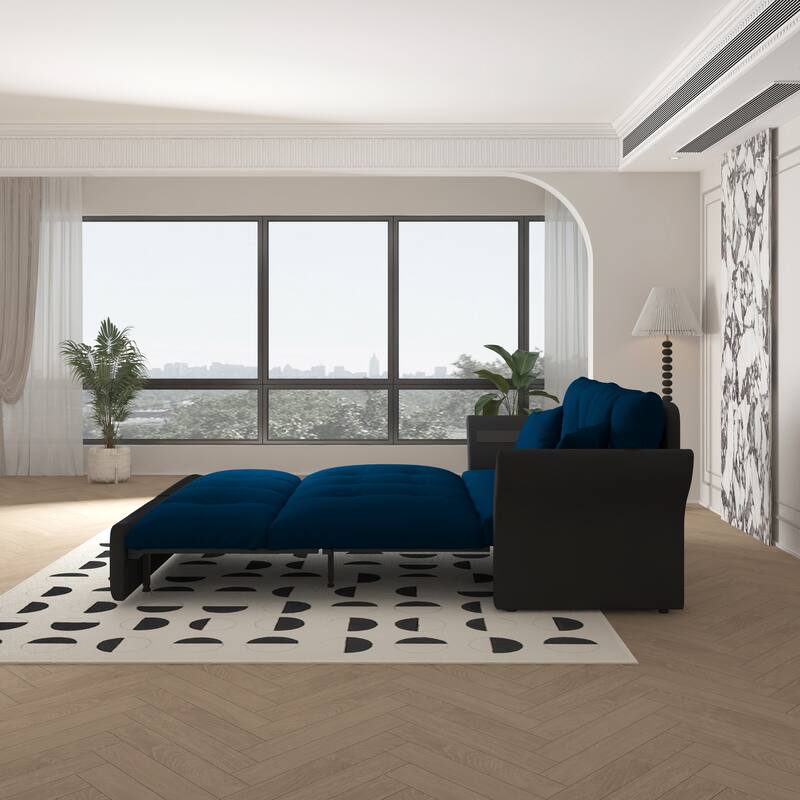 74.8" Convertible Sofa Bed with 2 Pillows, Velvet Loveseat Sleeper Couch, 2 Seater Upholstered Folding Sofa Bed with Flared Arms