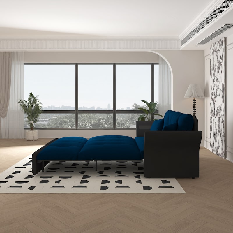 74.8" Queen Pull Velvet Out Sofa Bed, 3-in-1 Convertible Sleeper Tufted Sofa with 2 Soft Pillows-Blue