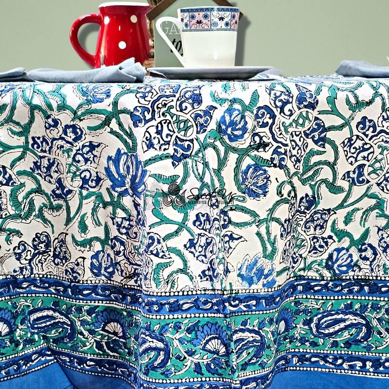 Block Print Cotton Verdant Floral Paisley Tablecloth Collection
