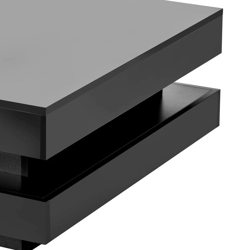 Fashion Simple Coffee Table 2 Tier Square Coffee Table with LED Light Anti-Scratch Plastic Feet, for Living Room