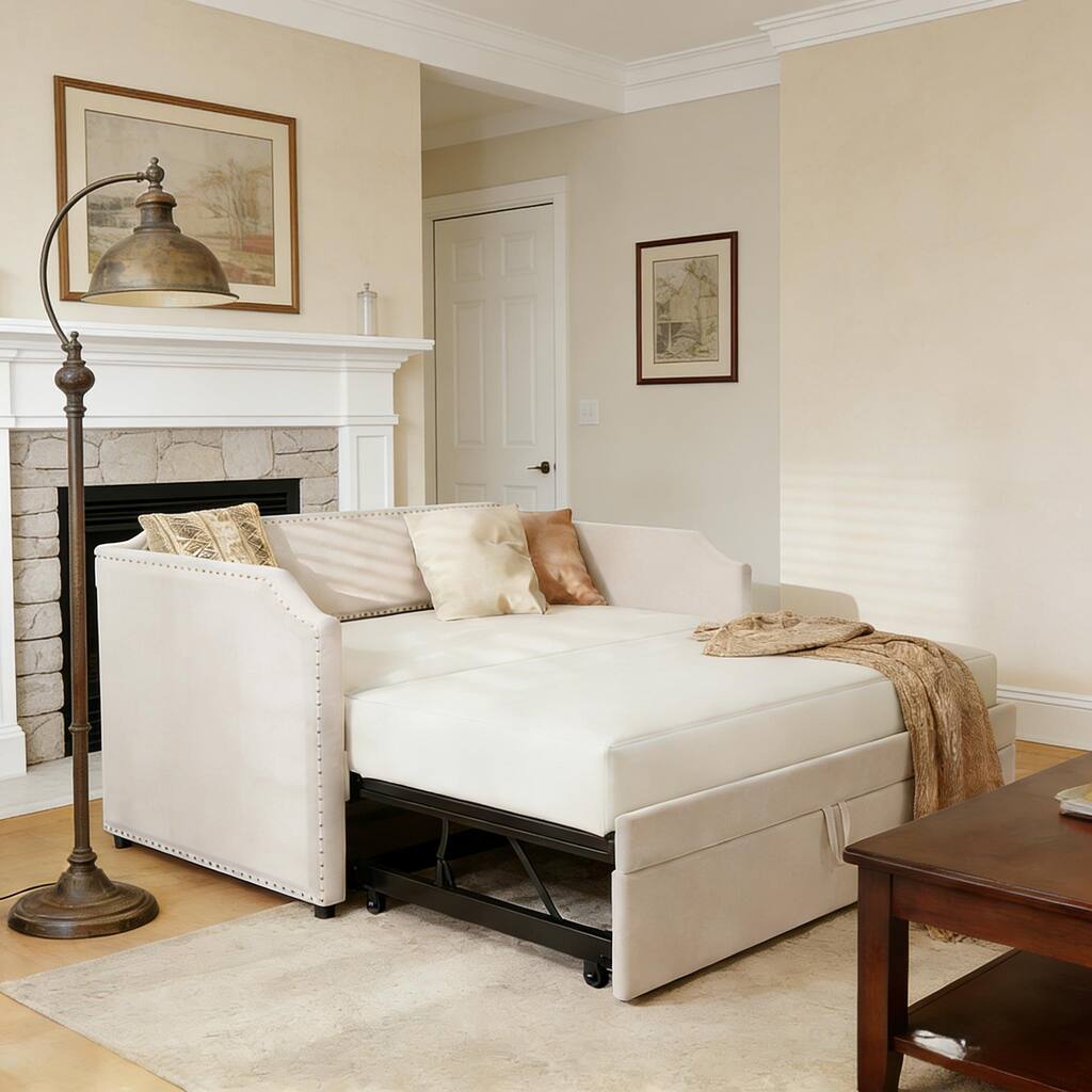 Extendable 2-in-1 Daybed Frame, Space-Saving Twin to King Design,Twin Size Velvet Upholstered Daybed with Pop Up Trundle