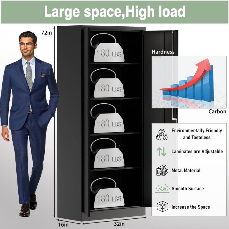 72"H Metal File Storage Cabinet with 2 Doors & 4 Adjustable Shelves