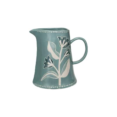 Hand-Painted Stoneware Pitcher with Wax Relief Pattern - 8.0"L x 6.5"W x 8.0"H - 8.0"L x 6.5"W x 8.0"H