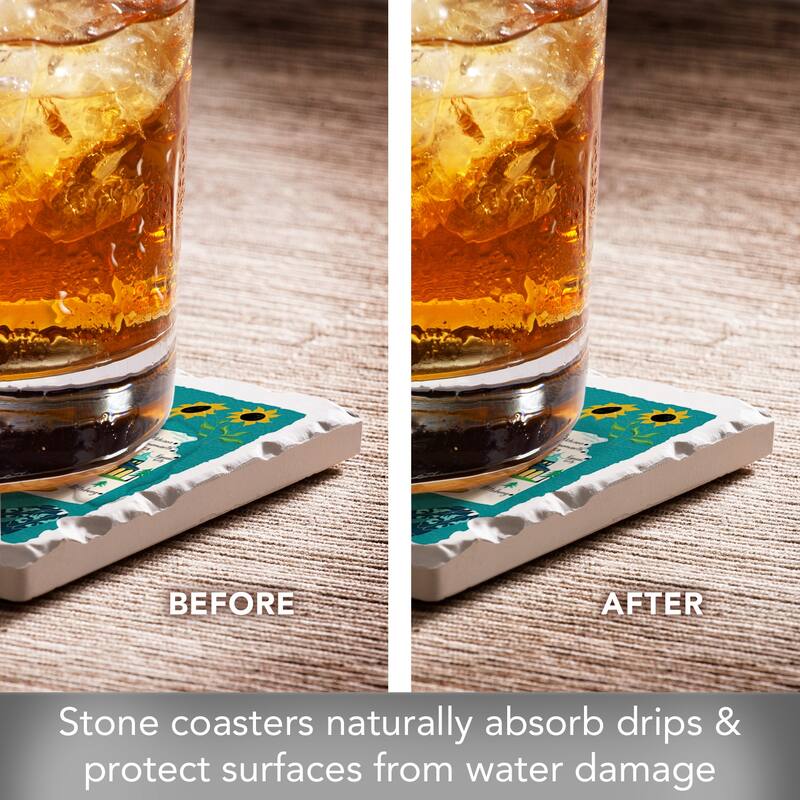 Kansas Home 4-Pack Absorbent Stone Coasters with Protective Cork Backing 4" Square Made in The USA Artistic Easily Wipes Clean