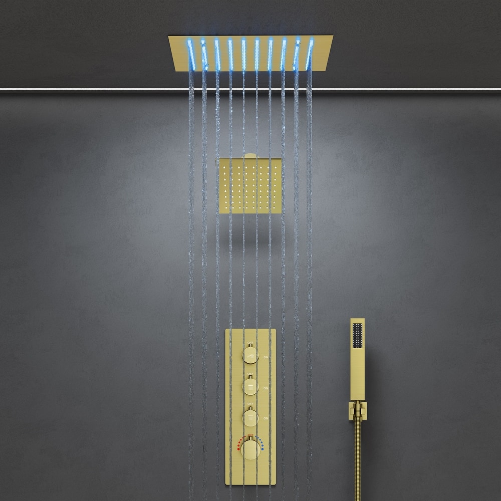 GRANDJOY Shower System 12 inch Ceiling and 6 inch Wall Mount Rainfall Dual Shower Heads with LED Handheld Spray Thermostatic