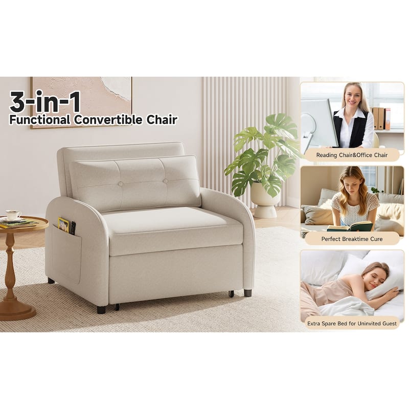 3-in-1 Convertible Sleeper Sofa Bed with Pillow & Pocket, Loveseat Sleeper Chair in Soft Cotton Linen, for Living Room