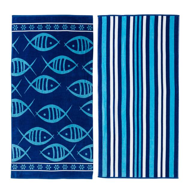 Luxurious Cotton Printed Beach Towel - Fish & Stripe