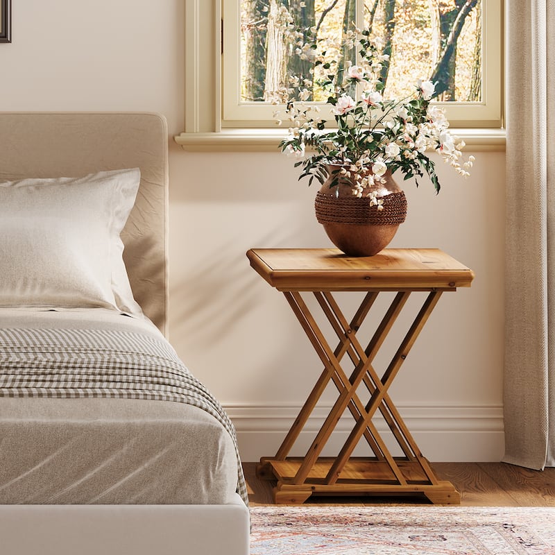 2-Tier Solid Wood End Table with Storage, 20 Inch Square Side Table