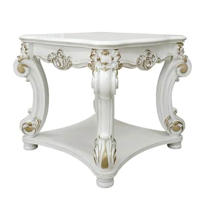 Jess 31 Inch Side End Table, Classic Scrolled Legs, White, Brushed Gold