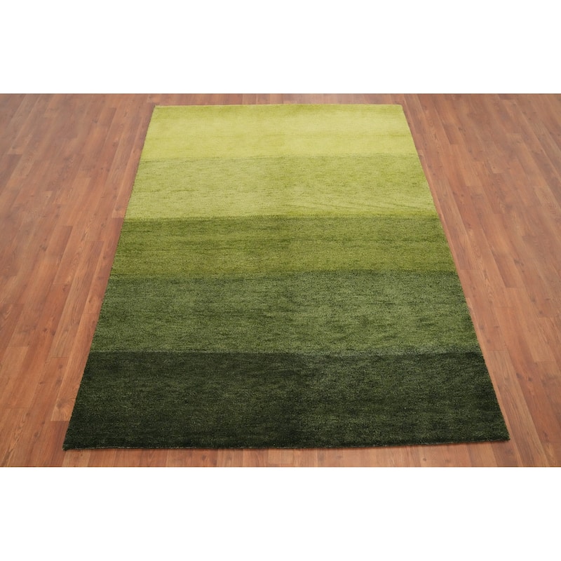 Hand Knotted Oriental 100% Wool Carpet Modern Stripe Green Gabbeh Area Rug - 6' 8'' X 4' 11''