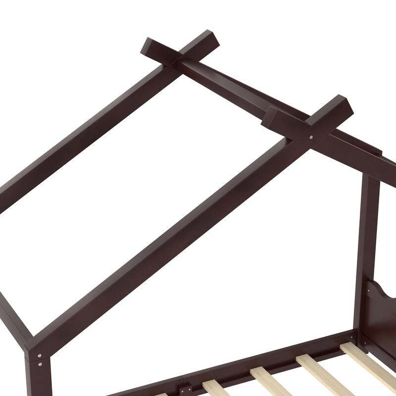 Twin House Floor Bed with Support Slats, Solid Wood House Bed Frame for Kids, No Box Spring Needed