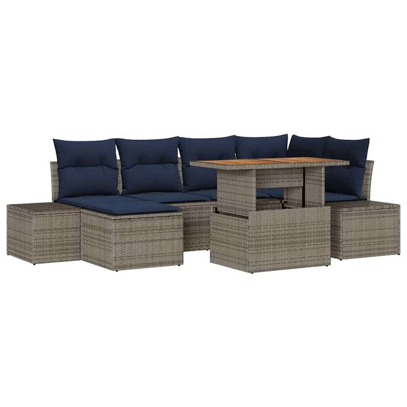 vidaXL 7 Garden Sofa Set with Cushions Black/Grey Poly Rattan - 103.9 x 60.6 x 27.2